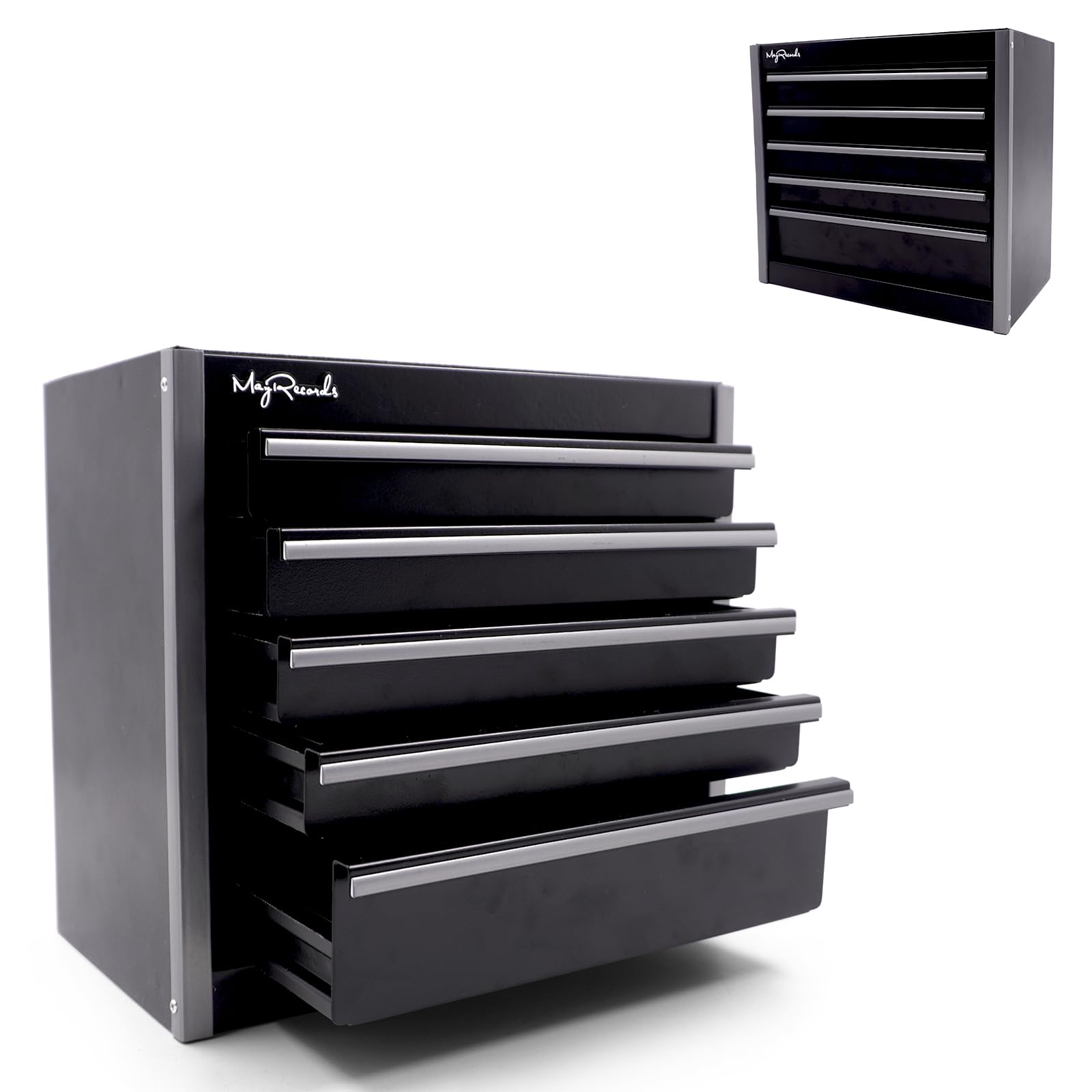 MayRecords Black Mini Metal Tool Box with 5 Drawers and Top